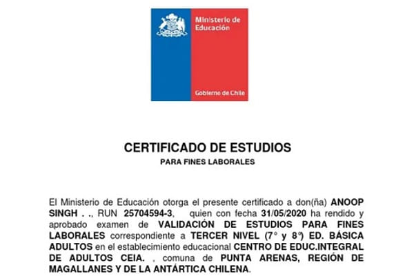 Certificado de estudios para fines laborales