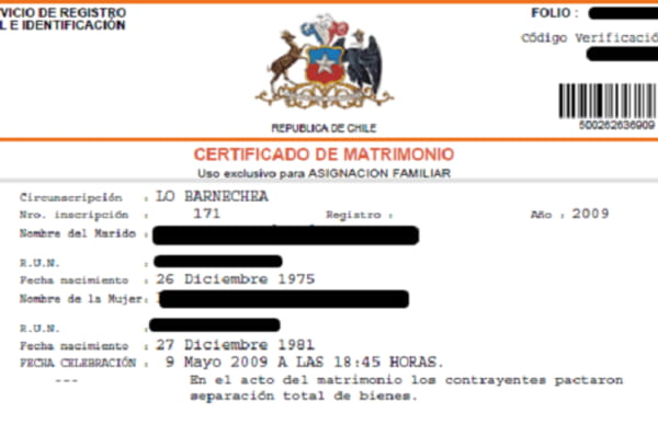 Certificado de matrimonio