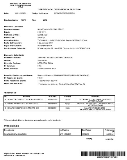 Certificado de posesión efectiva 1